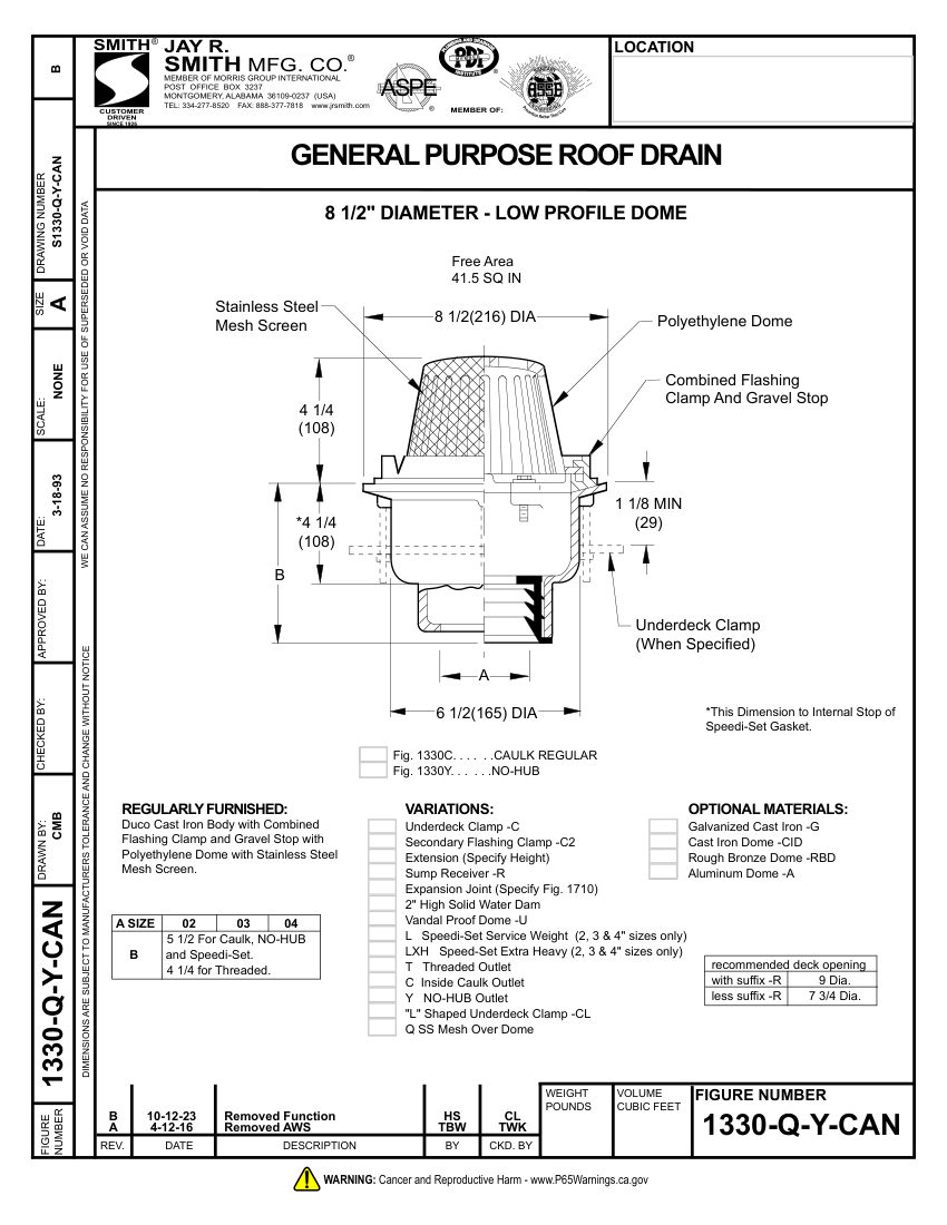 Jay R. Smith (Canada) 1330-Q-Y Drain - Jay R. Smith Mfg. Co. cut sheet — first page