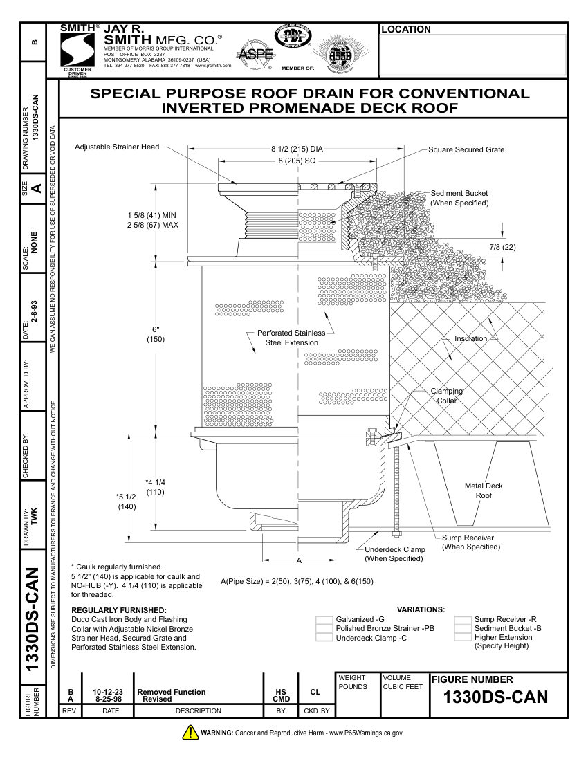 Jay R. Smith (Canada) 1330DS Drain - Jay R. Smith Mfg. Co. cut sheet — first page