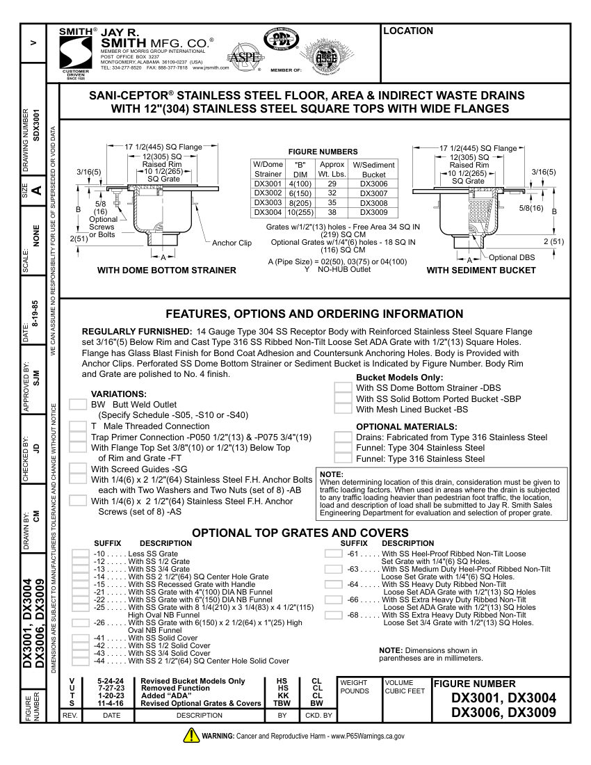 Jay R. Smith DX3001-DX3009 Waste Drain cut sheet — first page