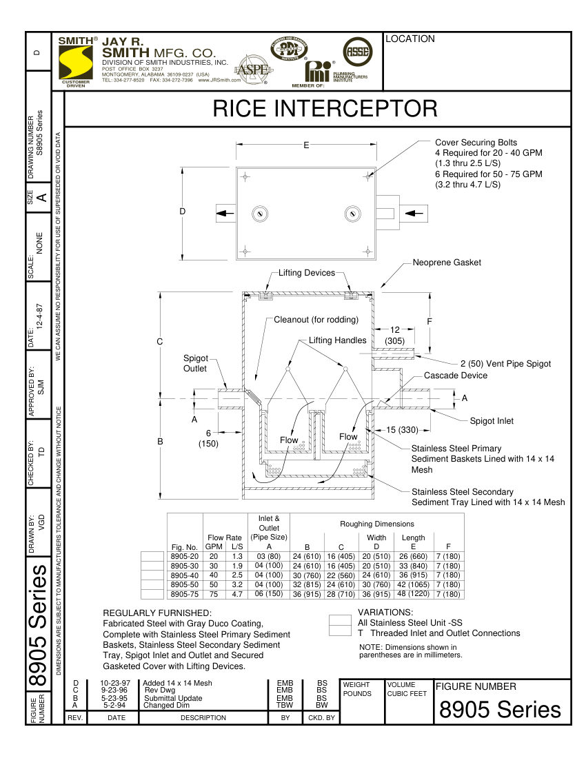 Jay R. Smith (Int'l) 8905SER Interceptor - Jay R. Smith Mfg. Co cut sheet — first page