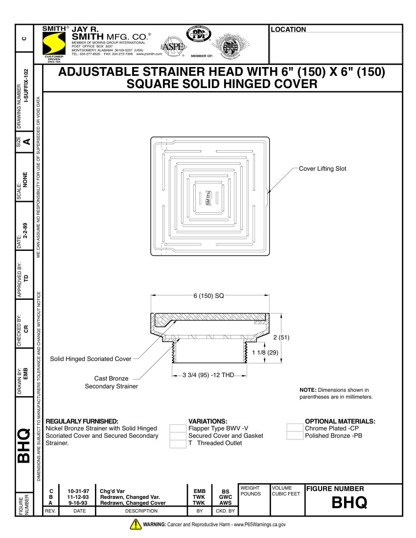 Jay R. Smith (Int'l) BHQ06NB Strainer - Jay R. Smith Mfg. Co. cut sheet — first page