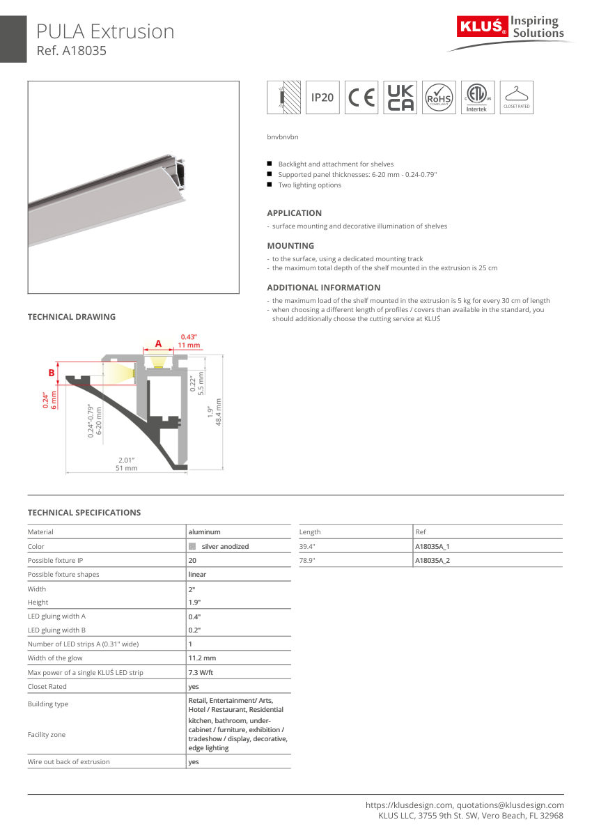 Klus Design A18035 cut sheet — first page