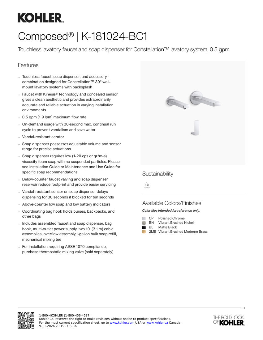 Kohler 181024-BC1 cut sheet — first page