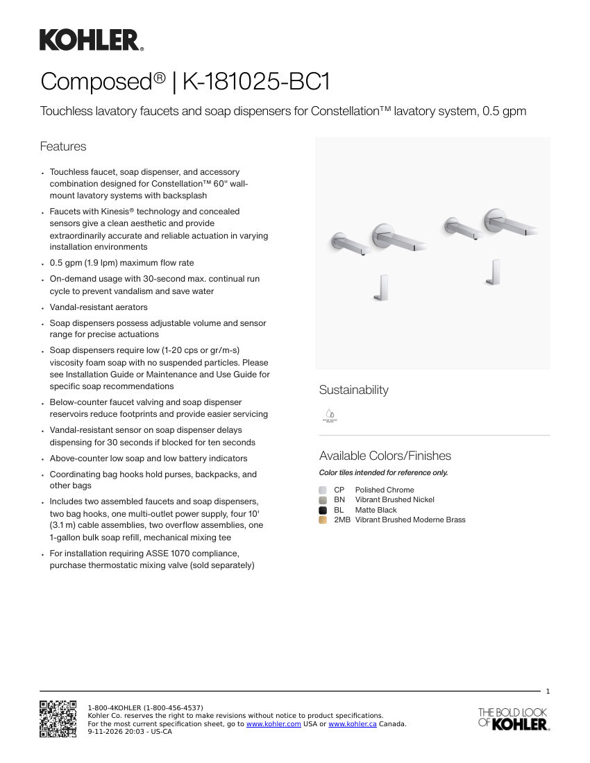 Kohler 181025-BC1 cut sheet — first page