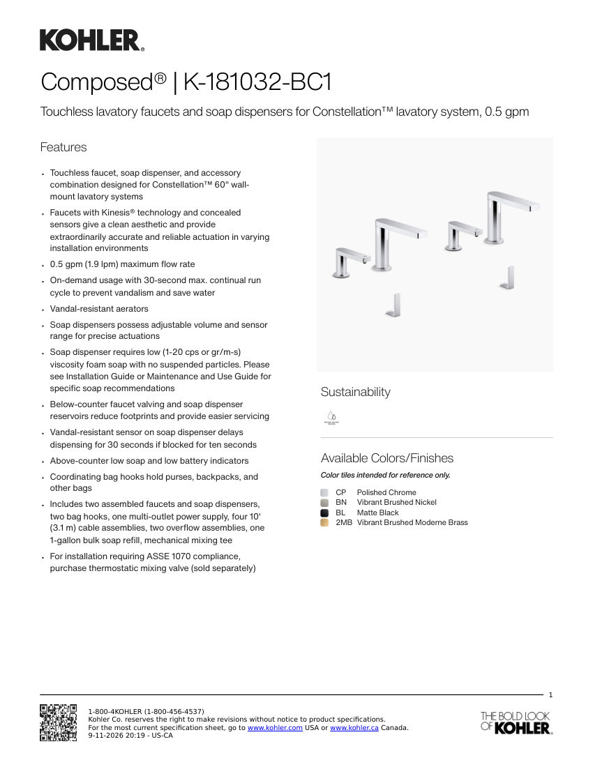 Kohler 181032-BC1 cut sheet — first page