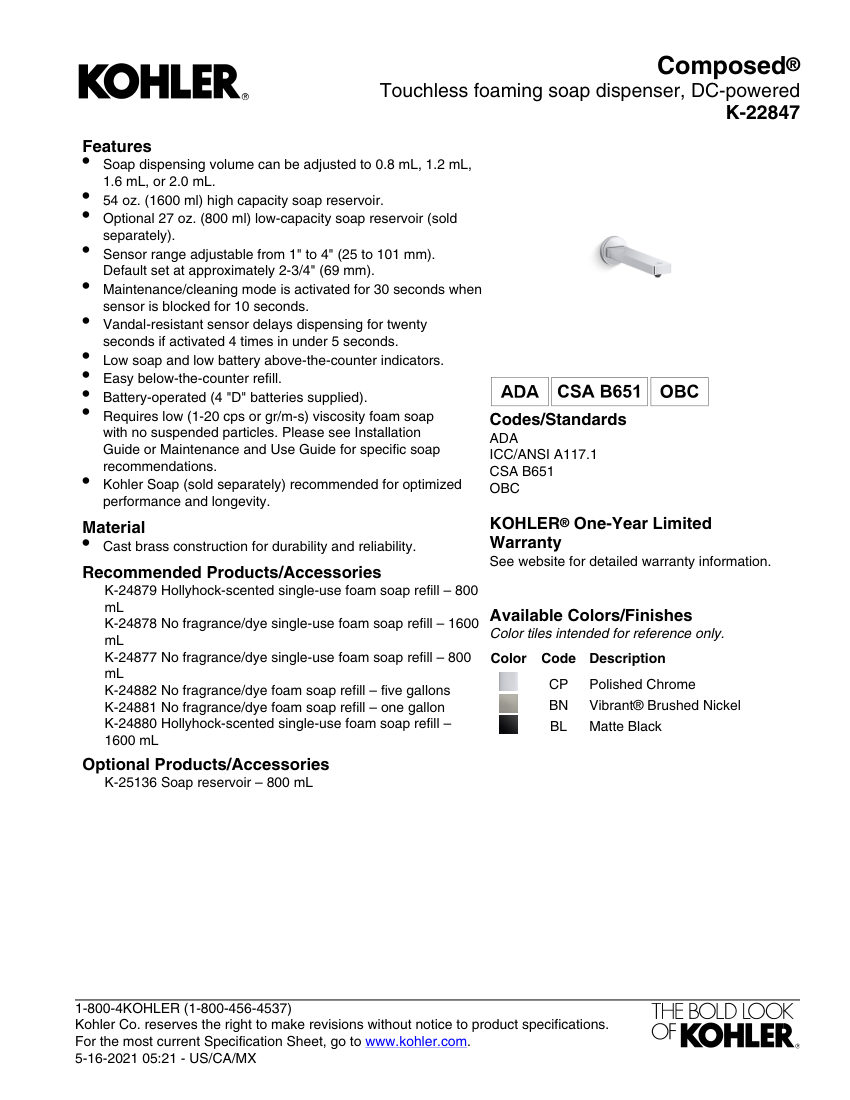 Kohler 22847 cut sheet — first page