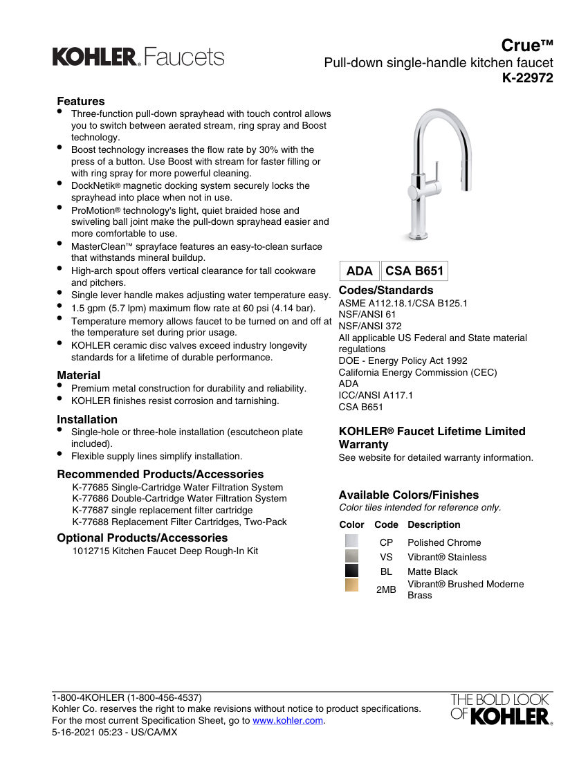 Kohler 22972 cut sheet — first page
