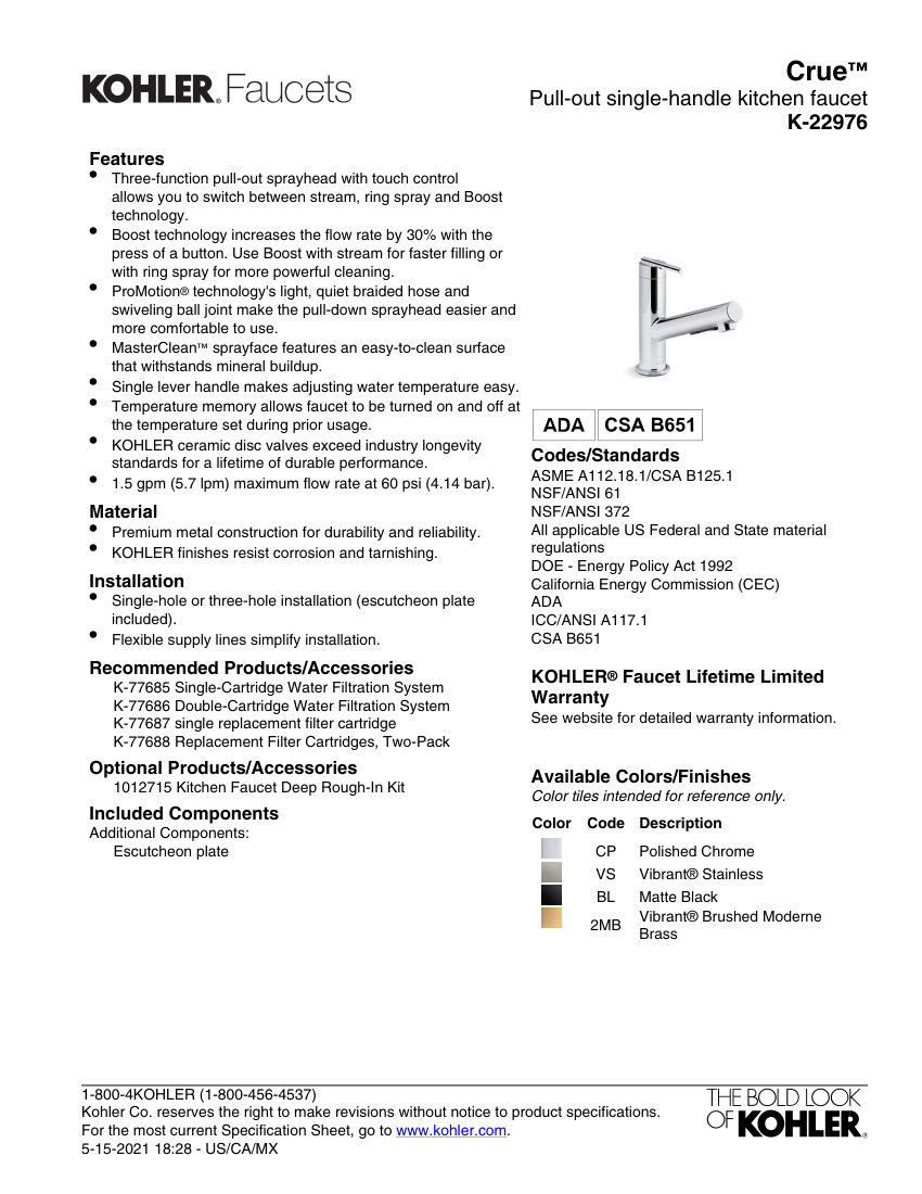 Kohler 22976 cut sheet — first page