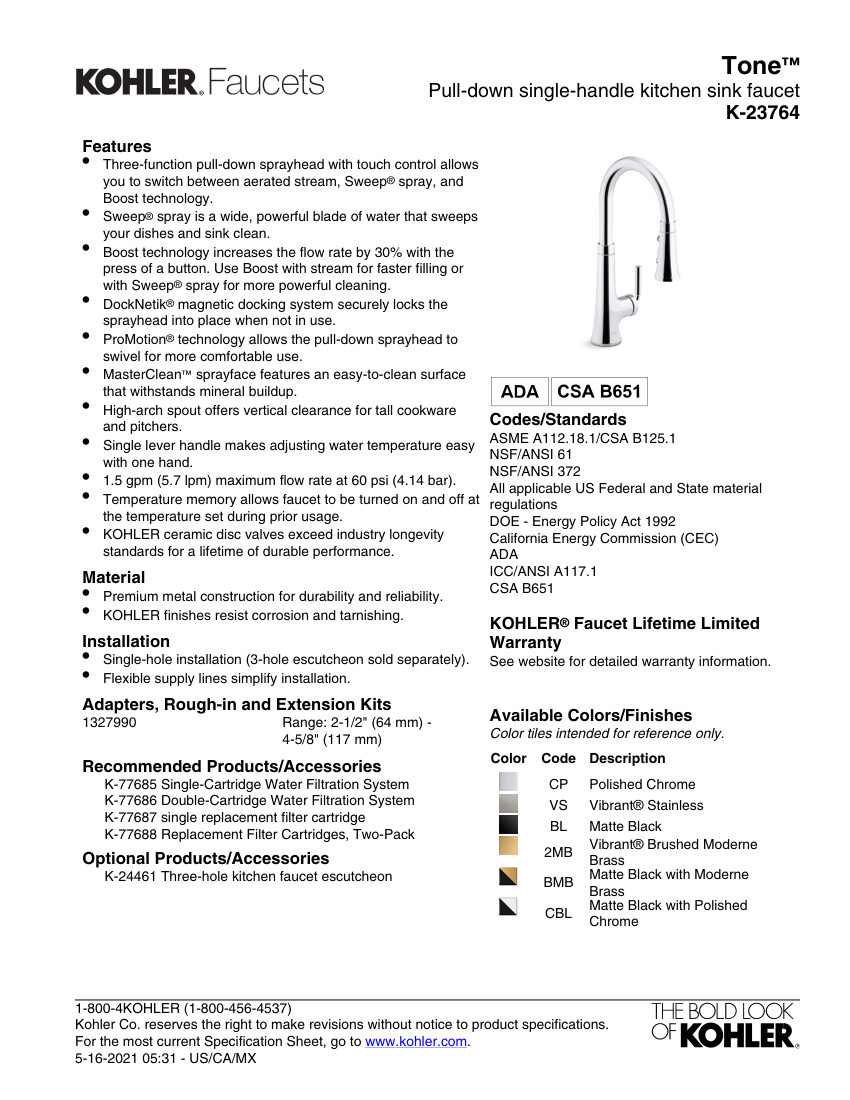 Kohler 23764 cut sheet — first page