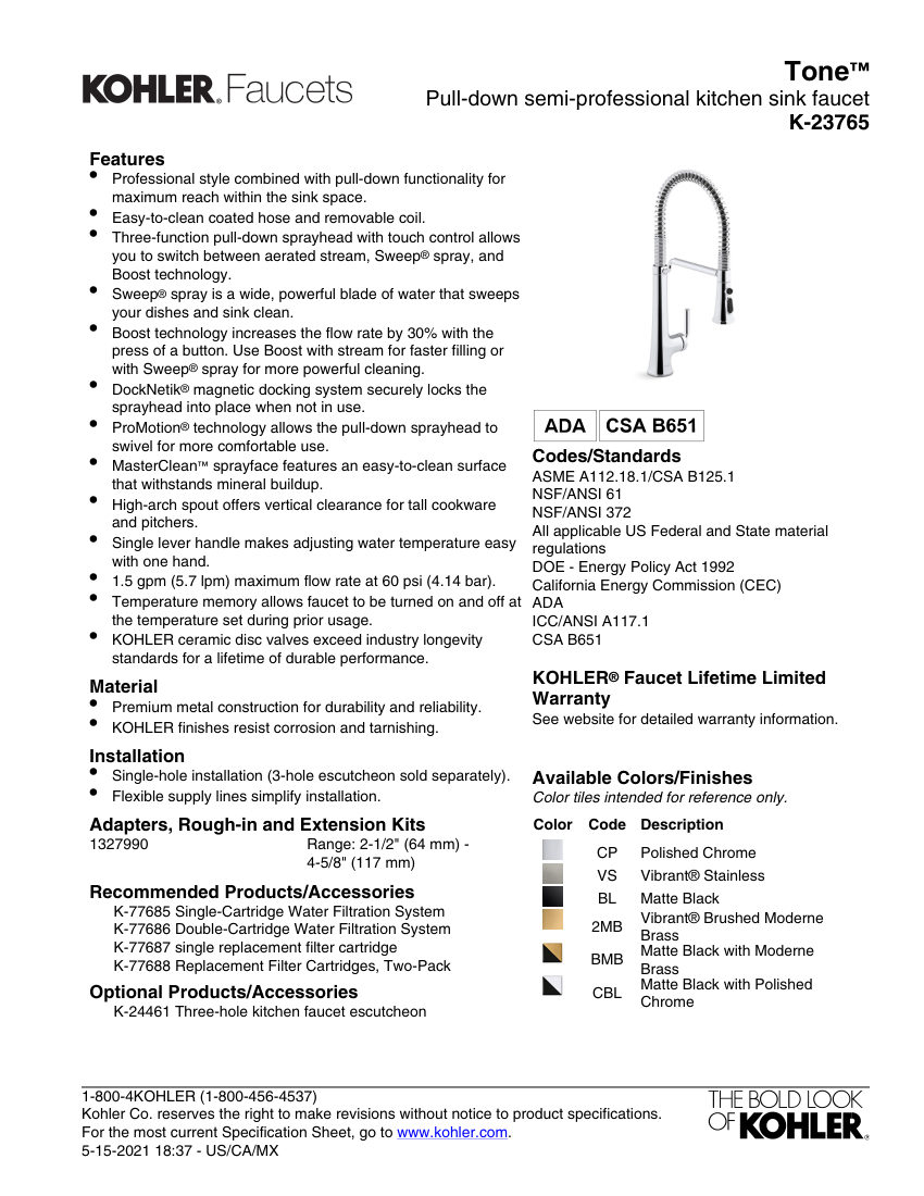 Kohler 23765 cut sheet — first page