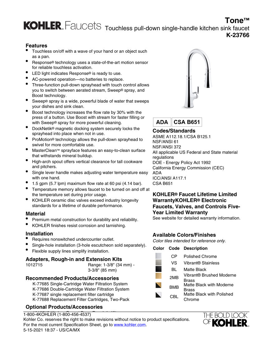 Kohler 23766 cut sheet — first page