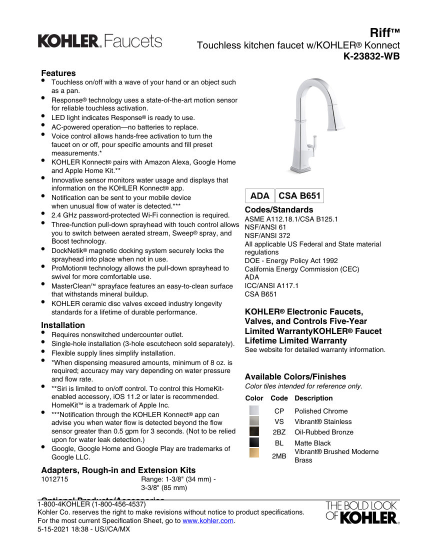 Kohler 23832-WB cut sheet — first page
