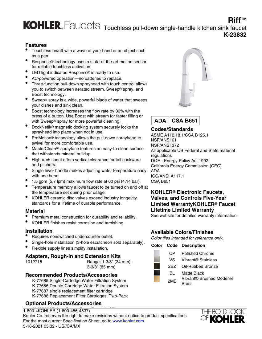 Kohler 23832 cut sheet — first page