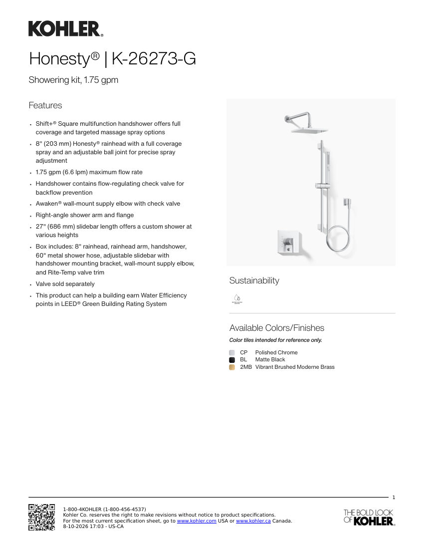 Kohler 26273-G cut sheet — first page