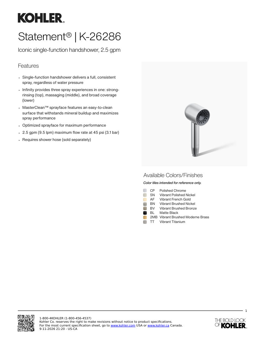 Kohler 26286 cut sheet — first page