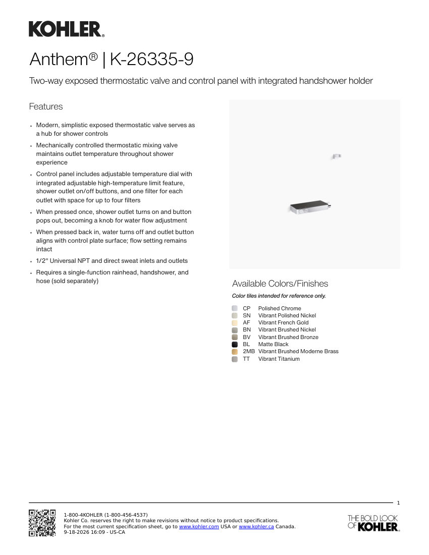 Kohler 26335-9 cut sheet — first page