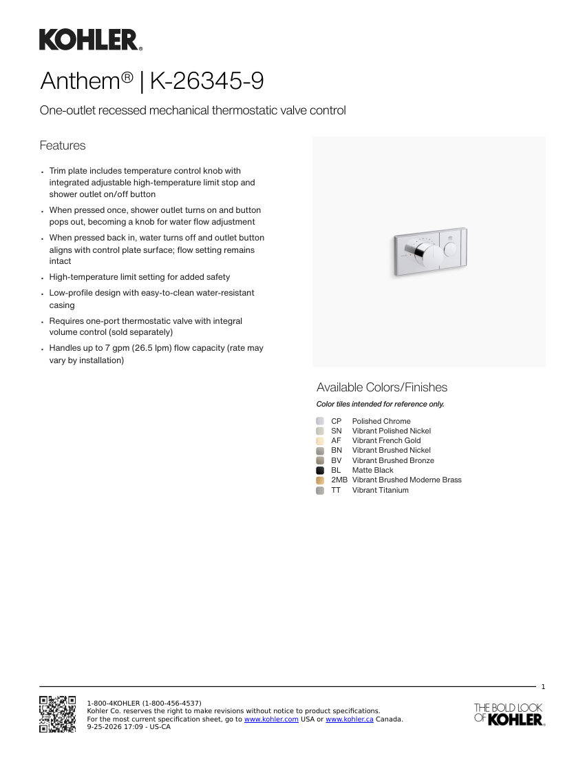 Kohler 26345-9 cut sheet — first page