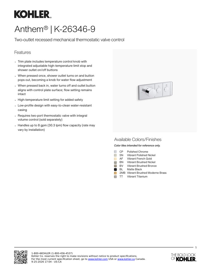 Kohler 26346-9 cut sheet — first page