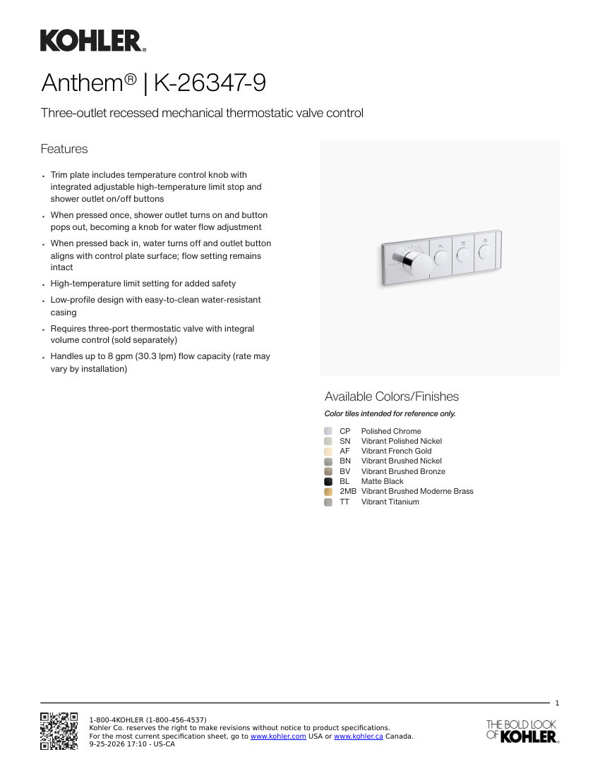 Kohler 26347-9 cut sheet — first page