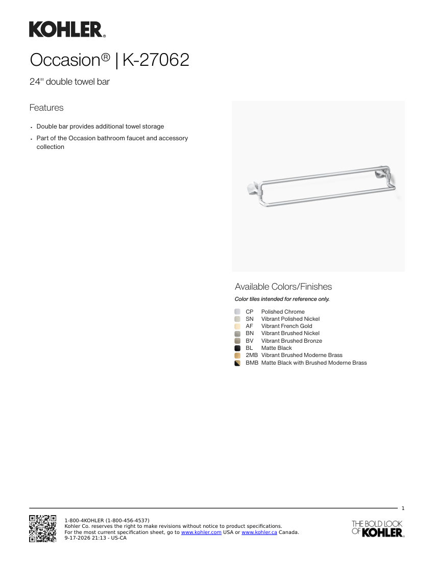 Kohler 27062 cut sheet — first page