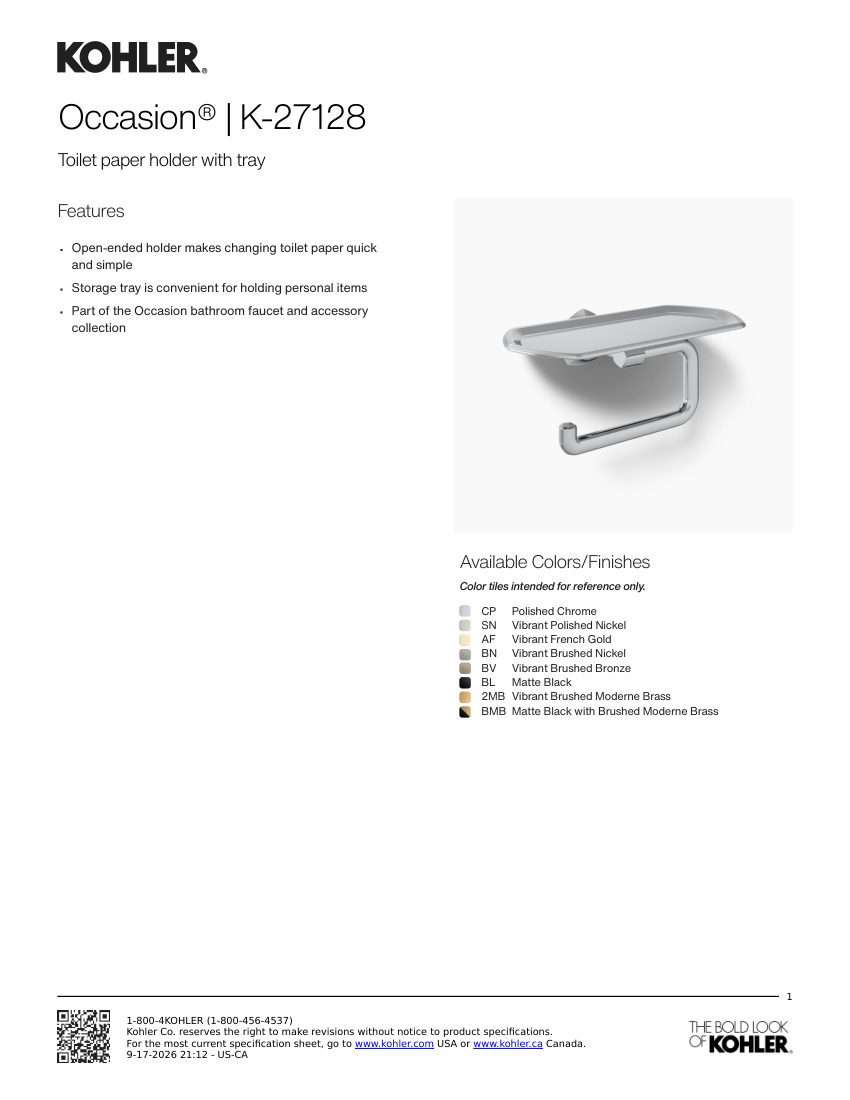 Kohler 27128 cut sheet — first page