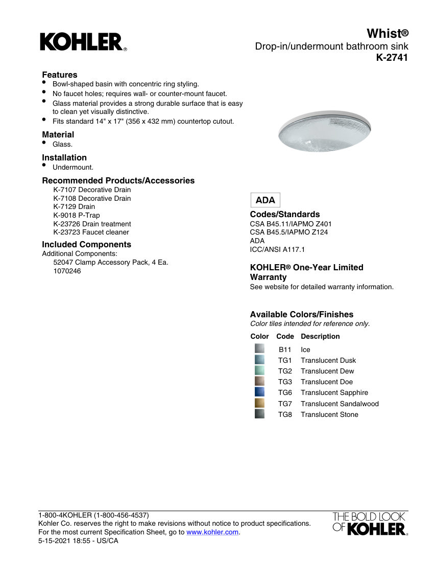 Kohler 2741 cut sheet — first page