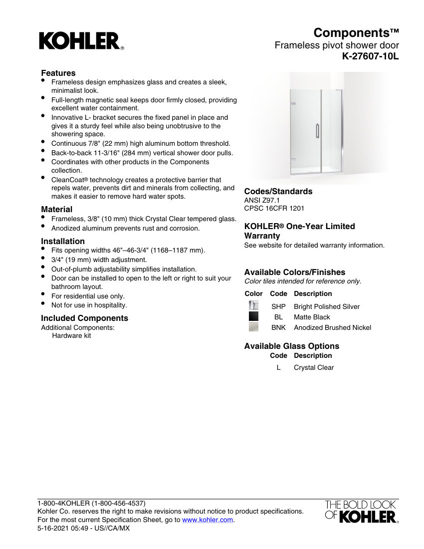 Kohler 27607-10L cut sheet — first page