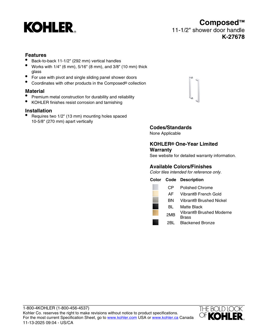 Kohler 27678 cut sheet — first page