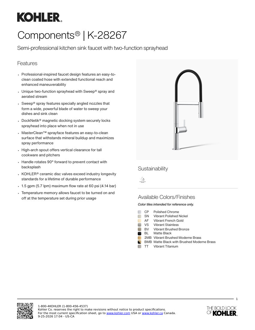 Kohler 28267 cut sheet — first page
