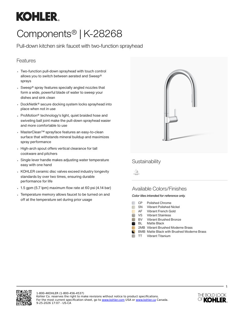 Kohler 28268 cut sheet — first page
