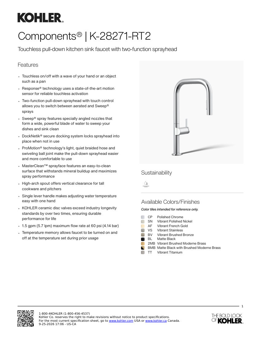 Kohler 28271-RT2 cut sheet — first page