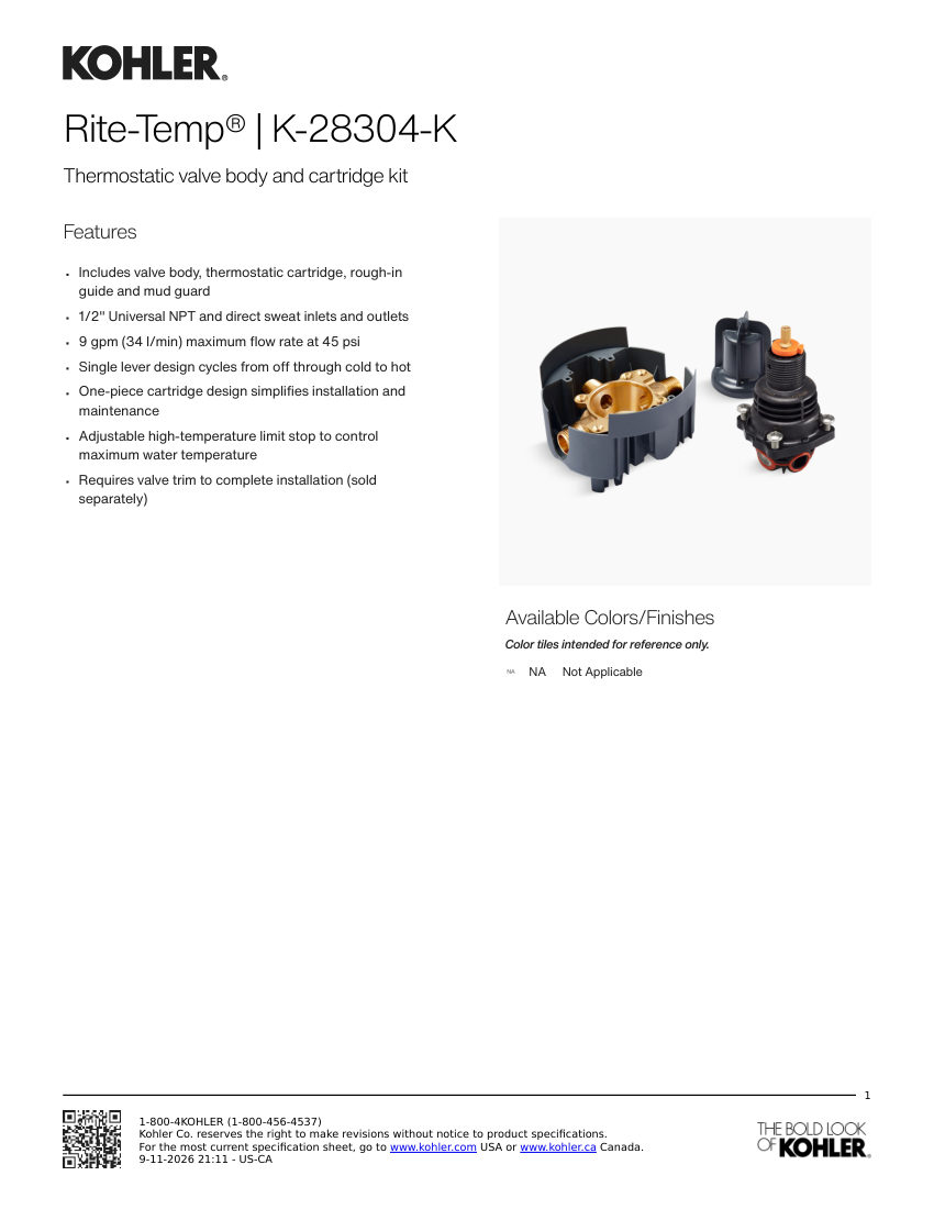 Kohler 28304-K cut sheet — first page