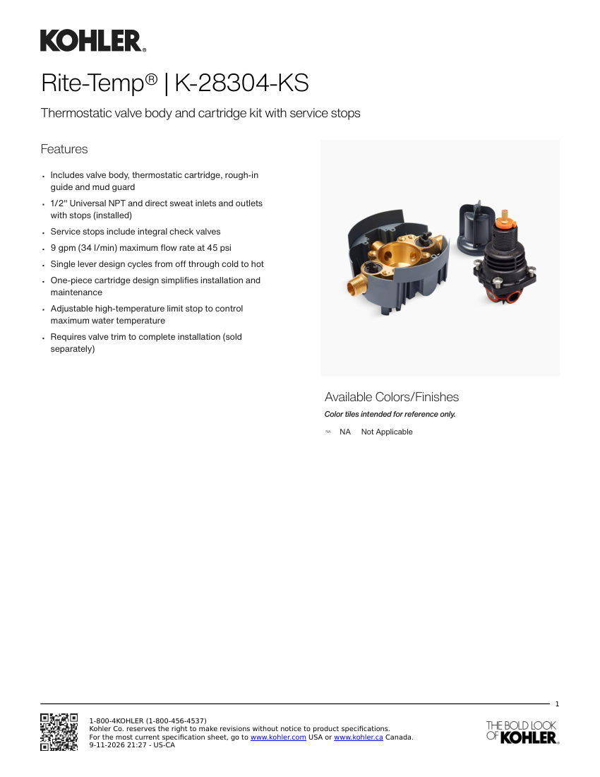 Kohler 28304-KS cut sheet — first page