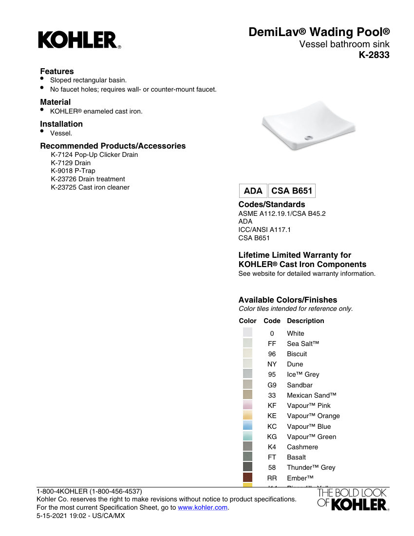 Kohler 2833 cut sheet — first page
