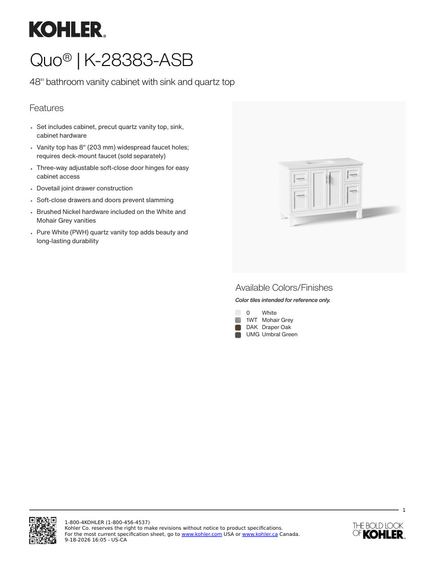 Kohler 28383-ASB cut sheet — first page