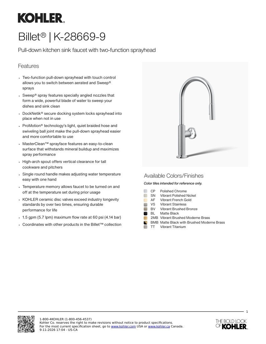Kohler 28669-9 cut sheet — first page