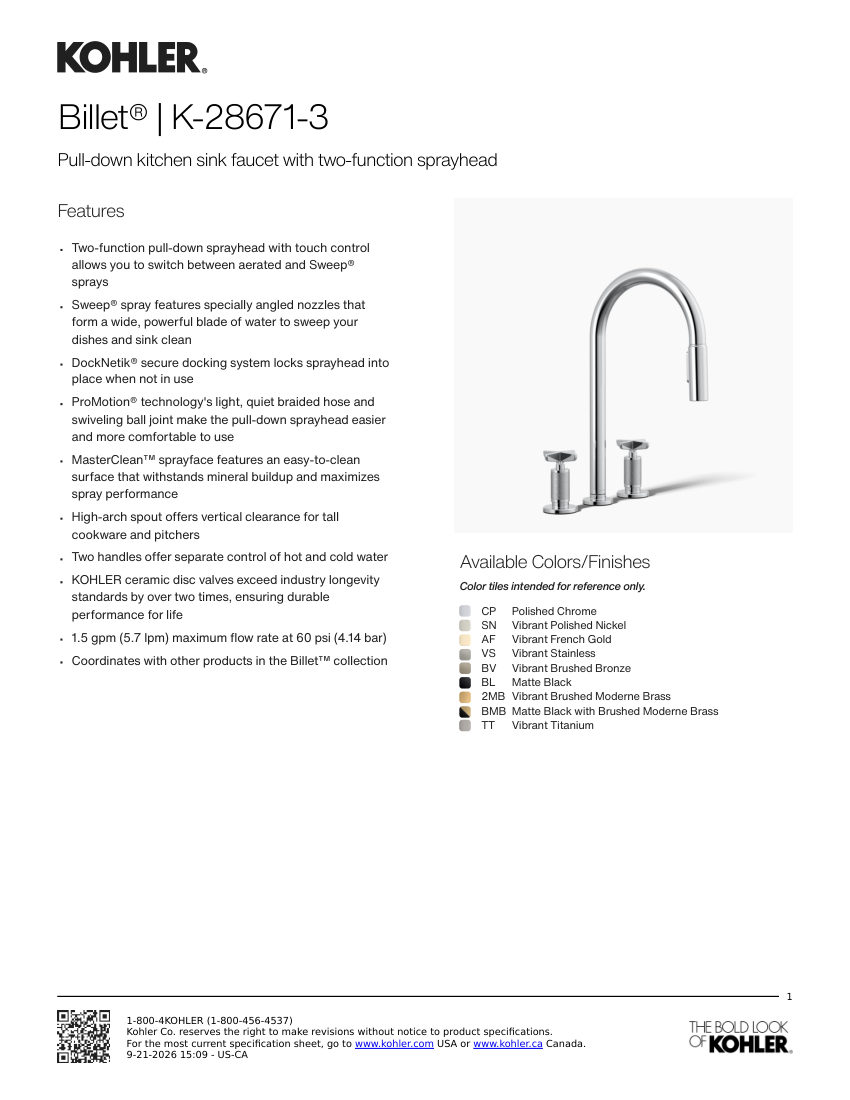 Kohler 28671-3 cut sheet — first page