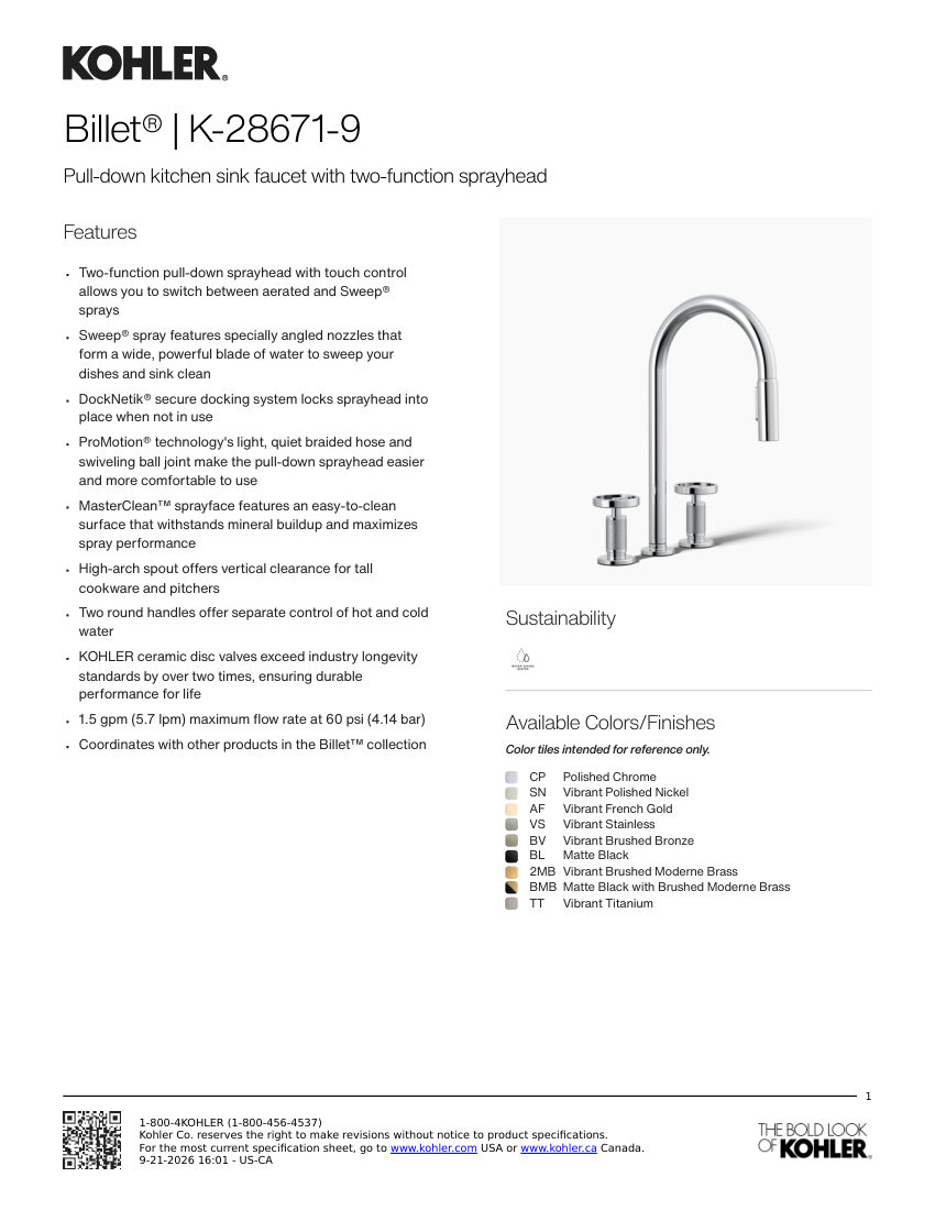 Kohler 28671-9 cut sheet — first page