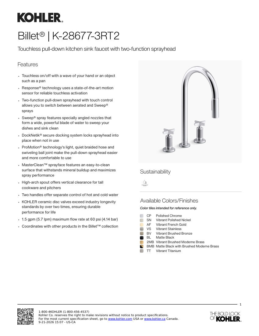 Kohler 28677-3RT2 cut sheet — first page