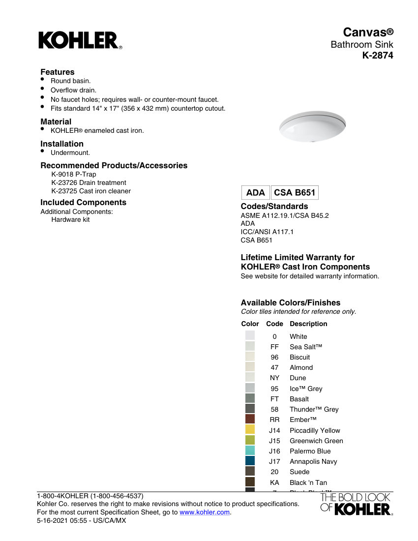 Kohler 2874 cut sheet — first page