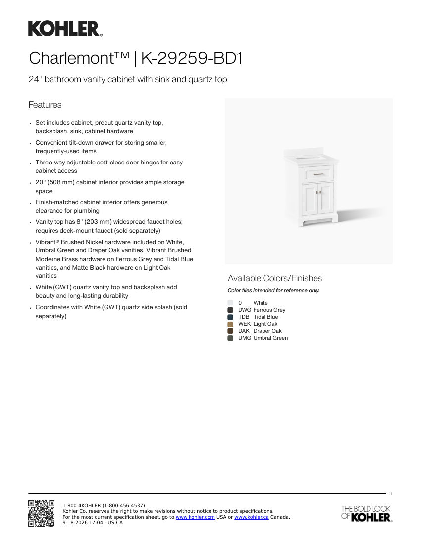 Kohler 29259-BD1 cut sheet — first page