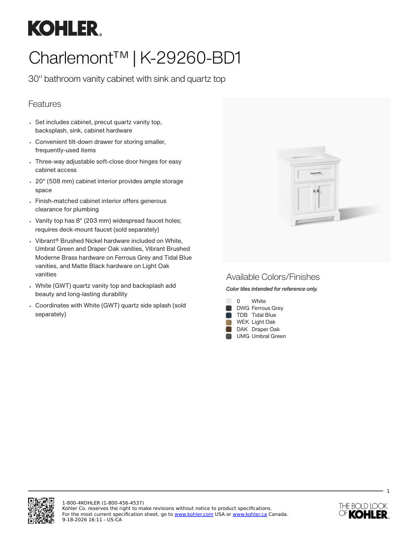 Kohler 29260-BD1 cut sheet — first page