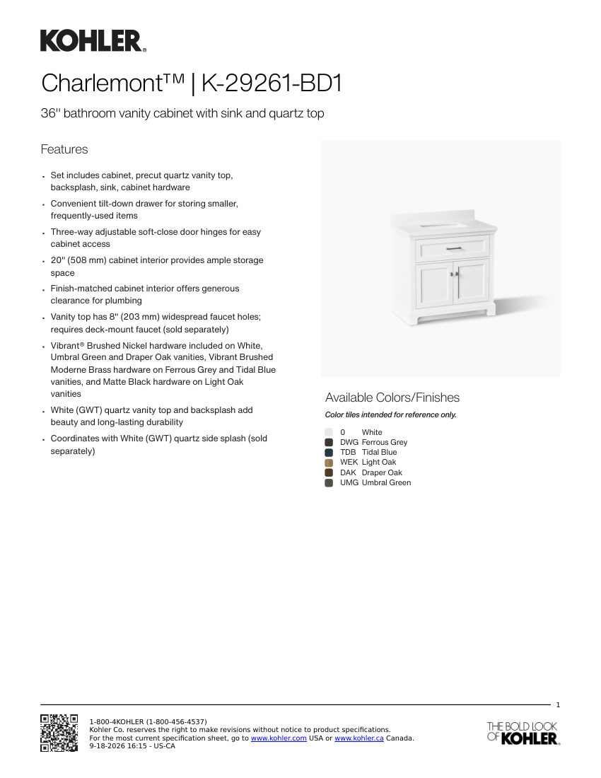 Kohler 29261-BD1 cut sheet — first page