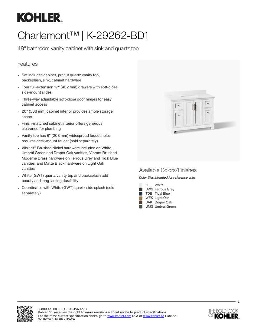 Kohler 29262-BD1 cut sheet — first page