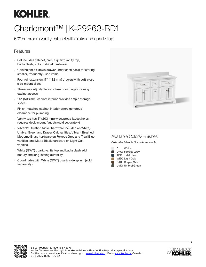 Kohler 29263-BD1 cut sheet — first page