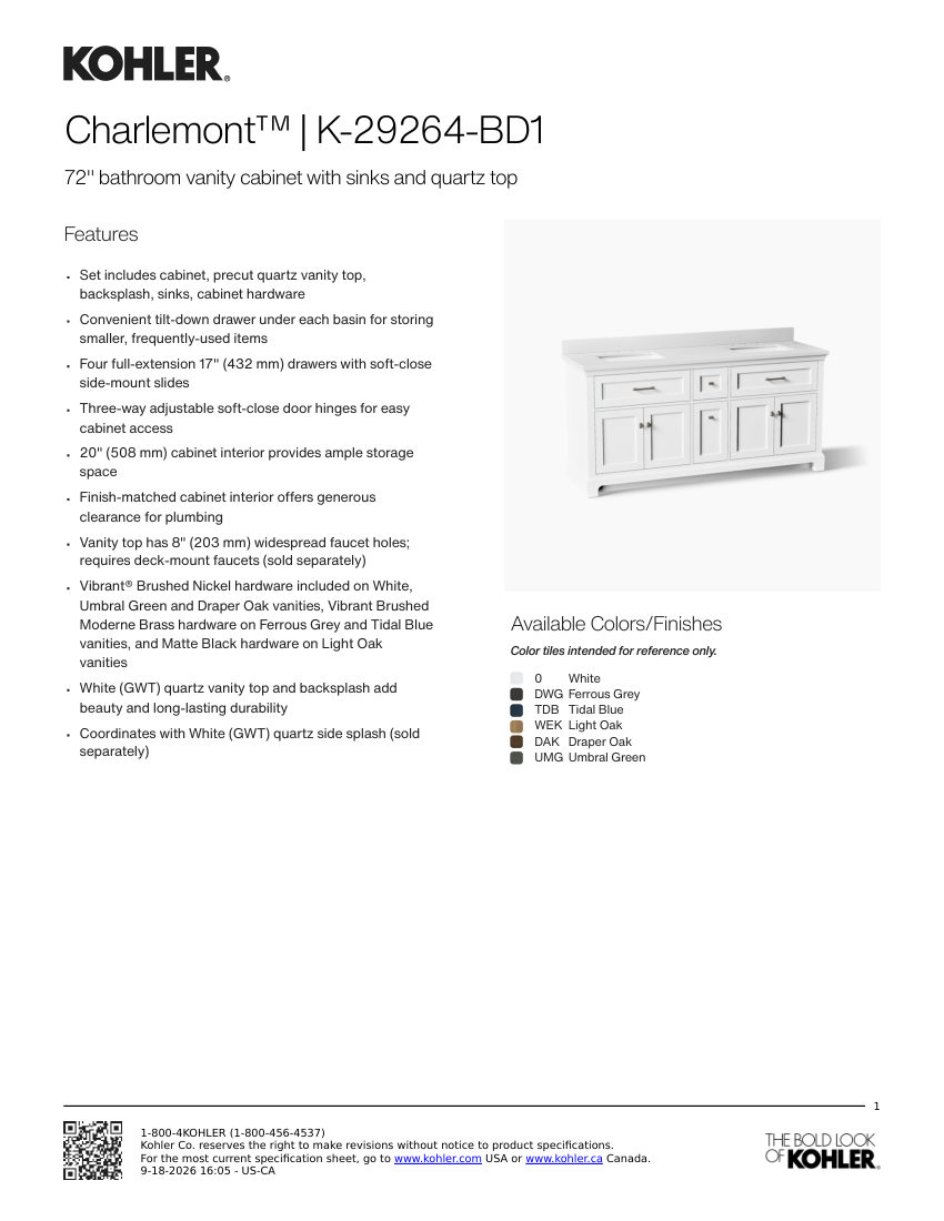 Kohler 29264-BD1 cut sheet — first page
