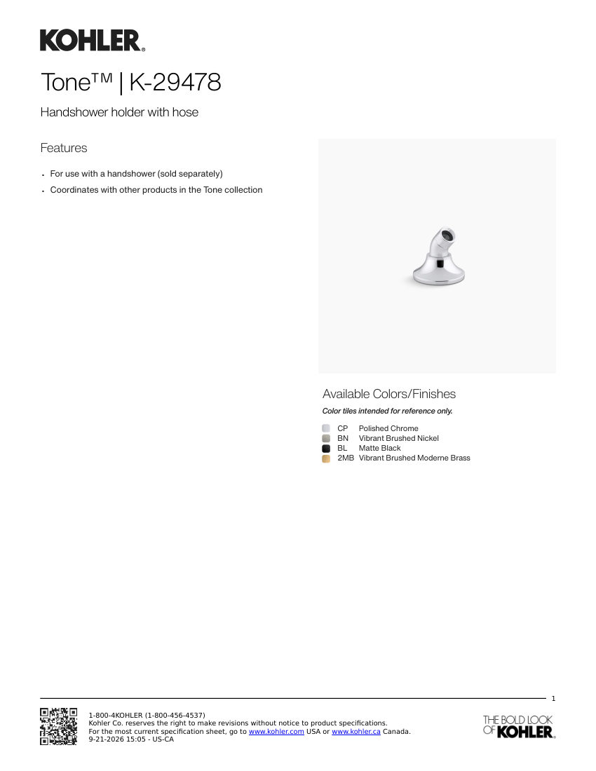 Kohler 29478 cut sheet — first page