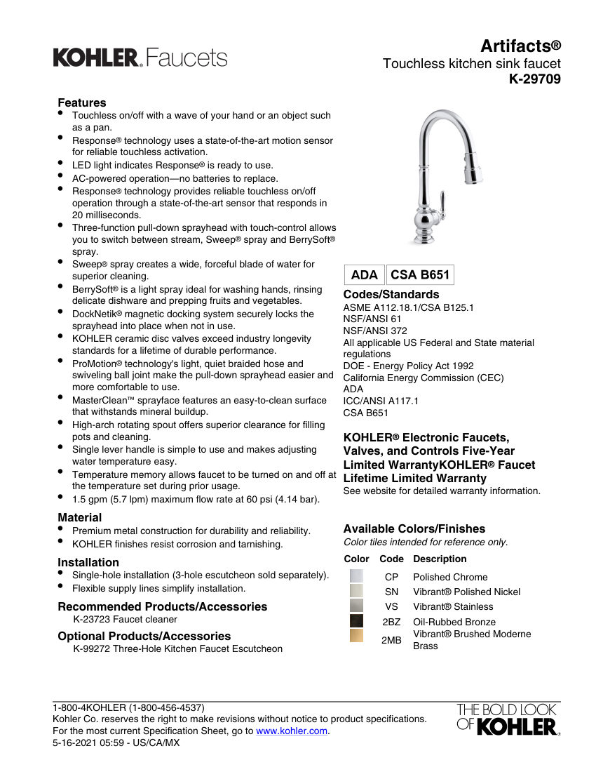 Kohler 29709 cut sheet — first page