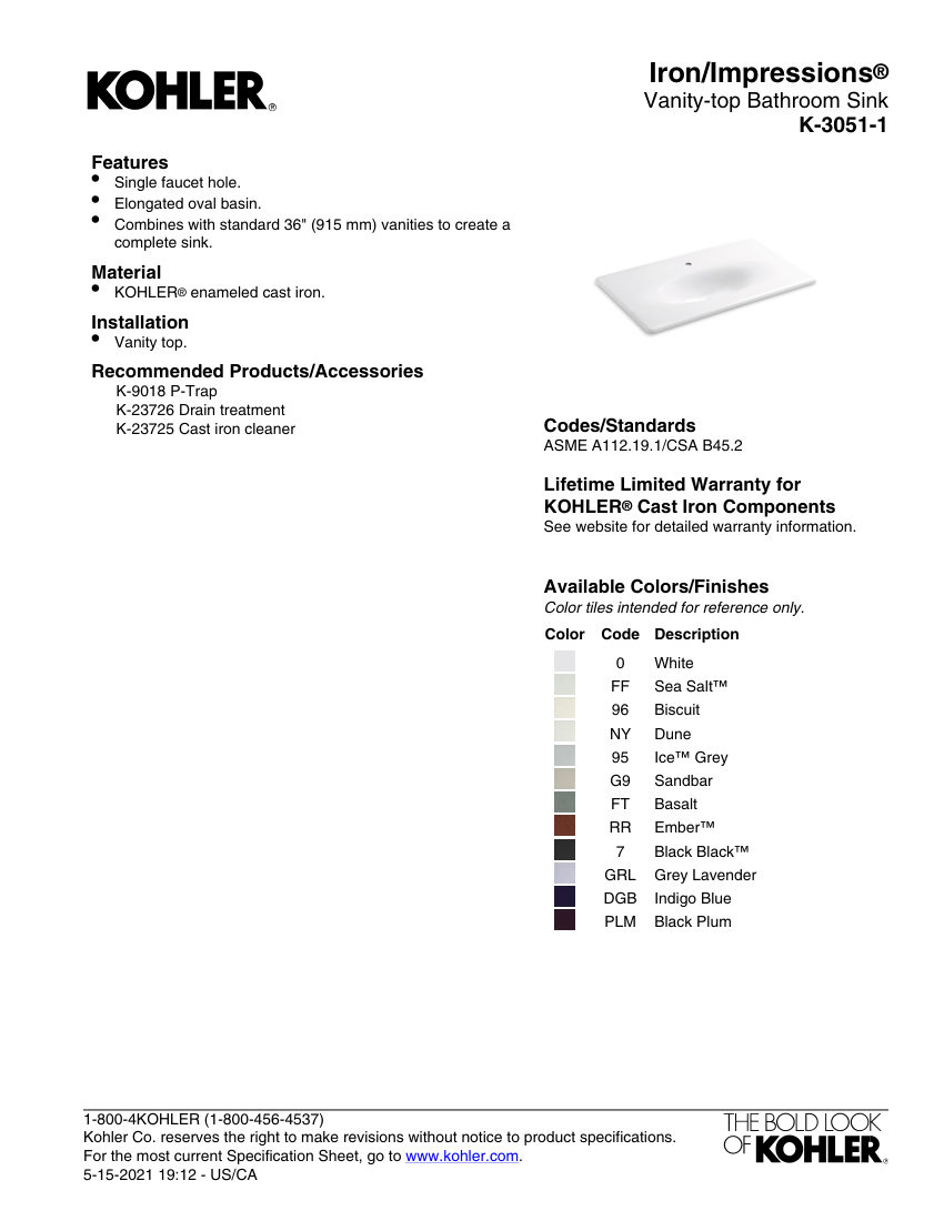 Kohler 3051-1 cut sheet — first page