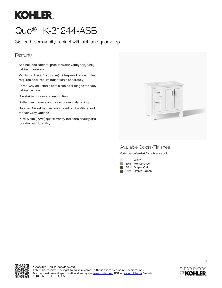 Kohler 31244-ASB cut sheet — first page